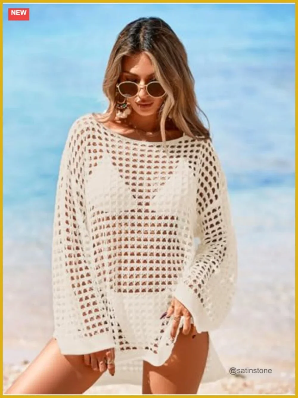 Crochet Oversized Long Sleeve Mesh Swimsuit Cover Up Beach Dress